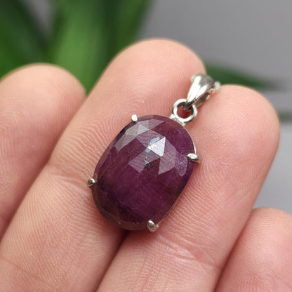 Faceted Ruby Crystal Pendant, UV Reactive Ruby Sterling Silver Necklace