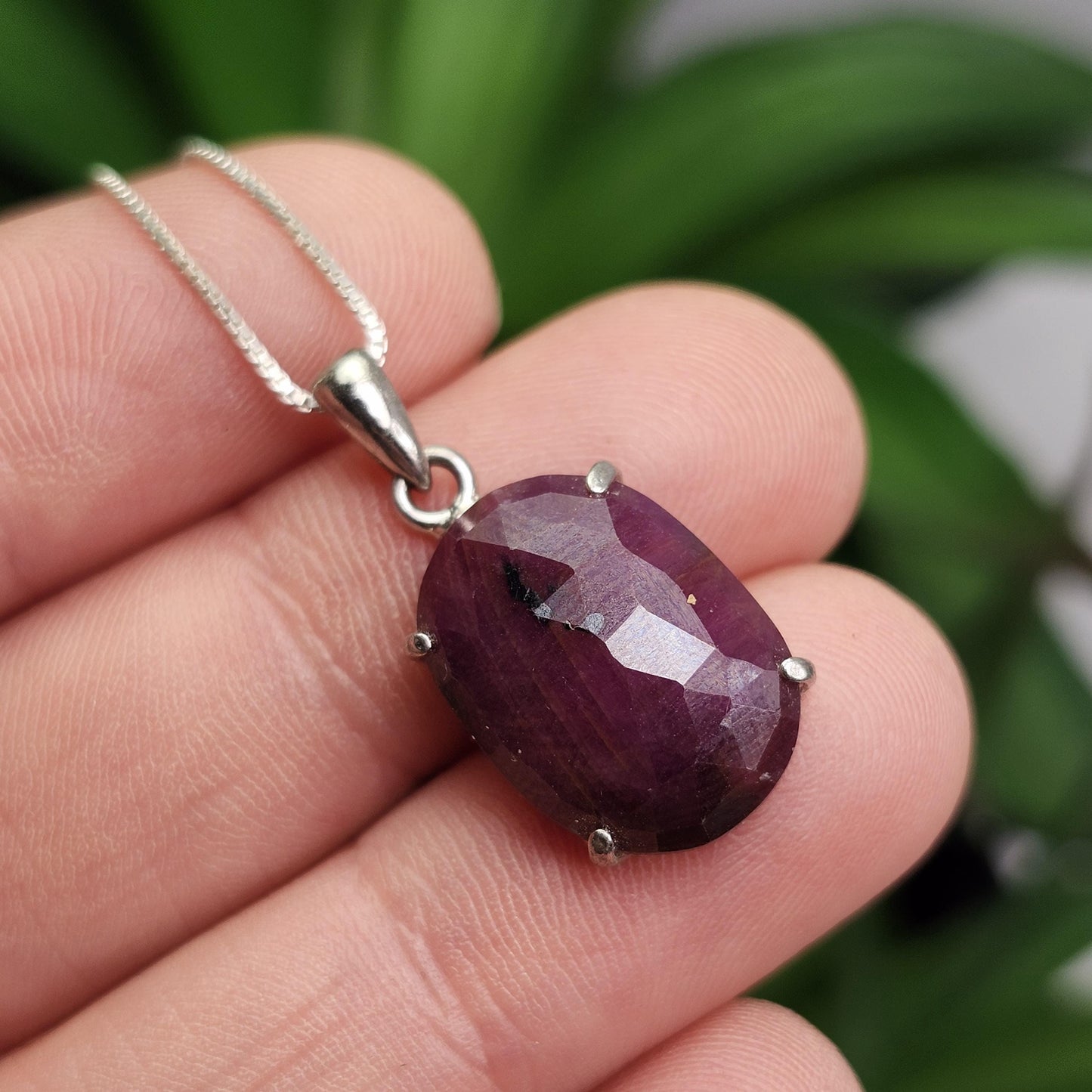 Faceted Ruby Crystal Pendant, UV Reactive Ruby Sterling Silver Necklace