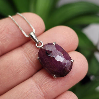Faceted Ruby Crystal Pendant, UV Reactive Ruby Sterling Silver Necklace