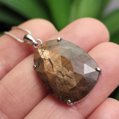 Golden Sapphire Pendant, Faceted Chocolate Sapphire Sterling Silver Necklace