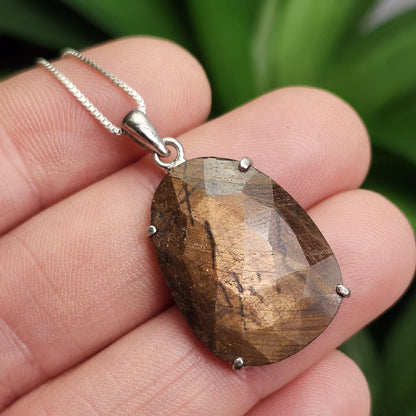 Golden Sapphire Pendant, Faceted Chocolate Sapphire Sterling Silver Necklace