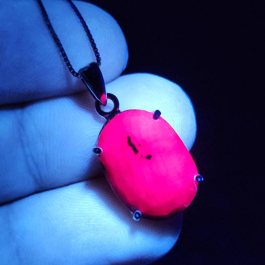 Faceted Ruby Crystal Pendant, UV Reactive Ruby Sterling Silver Necklace