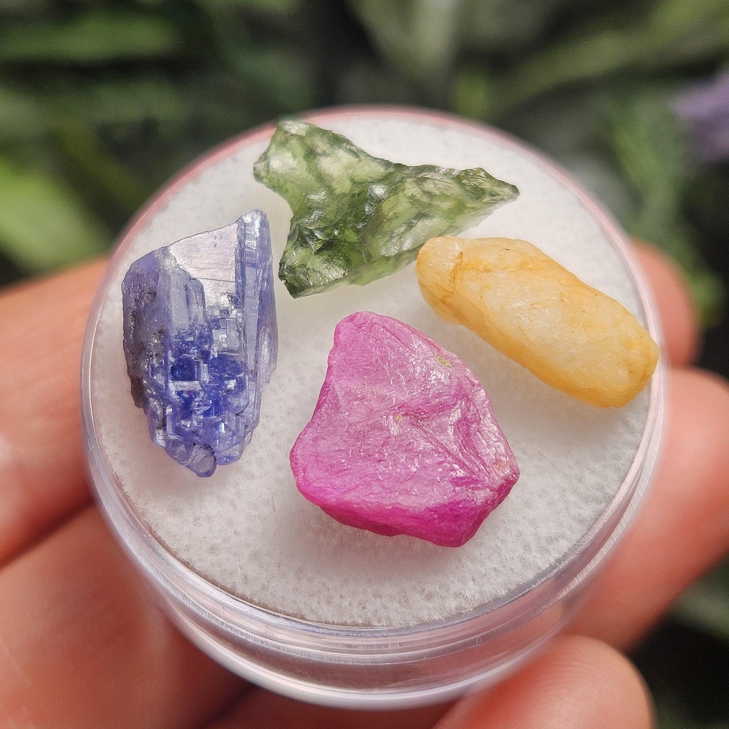 Rare Collector’s Set: Moldavite, Phenacite, Tanzanite, Ruby