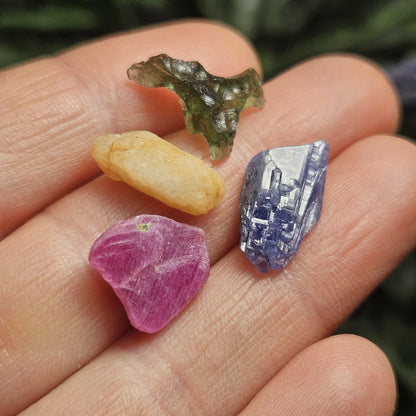 Rare Collector’s Set: Moldavite, Phenacite, Tanzanite, Ruby