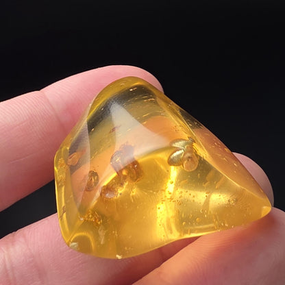 May include: A piece of amber with a golden-yellow hue, showcasing several small, preserved insect inclusions. The translucent stone is held in a hand, with a dark background.