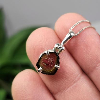 Watermelon Tourmaline Slice Pendant, Sterling Silver Tourmaline Necklace