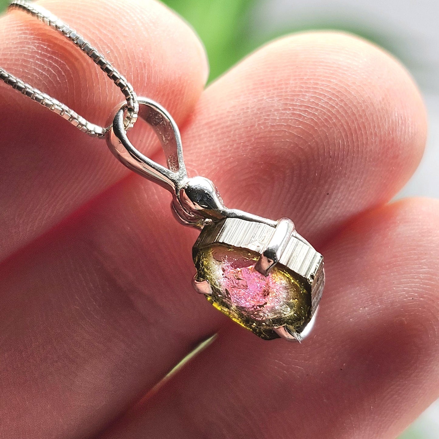 Watermelon Tourmaline Slice Pendant, Sterling Silver Tourmaline Necklace