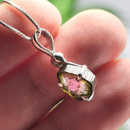 Watermelon Tourmaline Slice Pendant, Sterling Silver Tourmaline Necklace