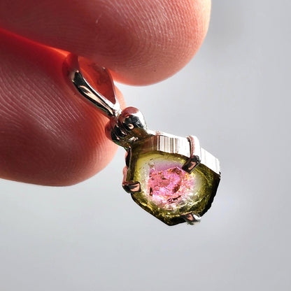 Watermelon Tourmaline Slice Pendant, Sterling Silver Tourmaline Necklace