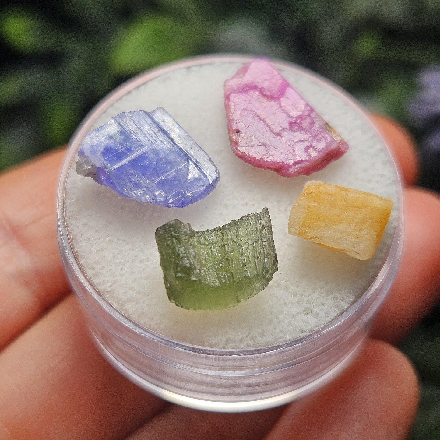 Rare Collector’s Set: Moldavite, Phenacite, Tanzanite, Ruby