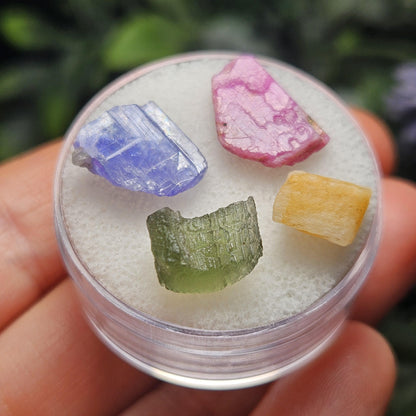 Rare Collector’s Set: Moldavite, Phenacite, Tanzanite, Ruby