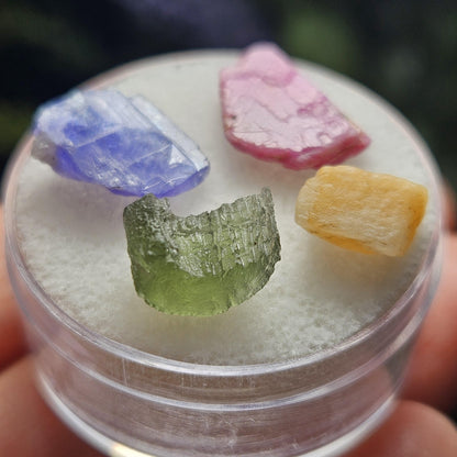 Rare Collector’s Set: Moldavite, Phenacite, Tanzanite, Ruby
