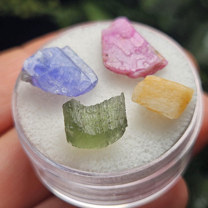 Rare Collector’s Set: Moldavite, Phenacite, Tanzanite, Ruby