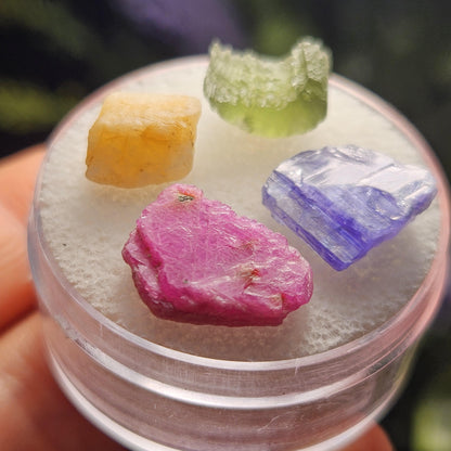 Rare Collector’s Set: Moldavite, Phenacite, Tanzanite, Ruby