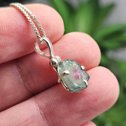 Watermelon Tourmaline Slice Pendant, Sterling Silver Tourmaline Necklace
