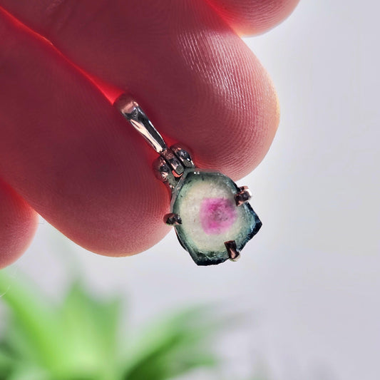 Watermelon Tourmaline Slice Pendant, Sterling Silver Tourmaline Necklace