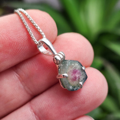 Watermelon Tourmaline Slice Pendant, Sterling Silver Tourmaline Necklace