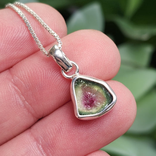 Watermelon Tourmaline Pendant, Sterling Silver Pink & Green Tourmaline Necklace
