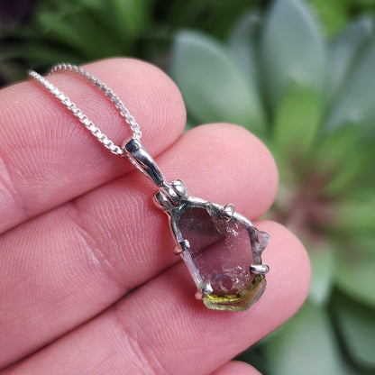 Blue Green Tourmaline Pendant, Sterling Silver Watermelon Tourmaline Gemstone Necklace