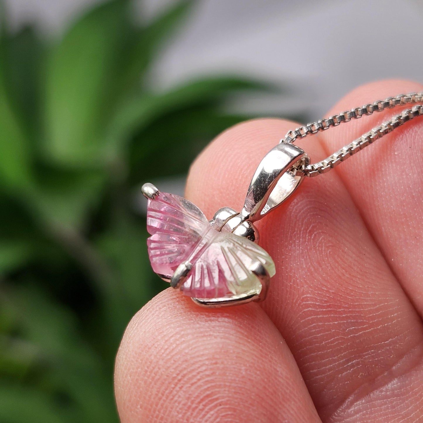Watermelon Tourmaline Butterfly Pendant, Sterling Silver Tourmaline Crystal Necklace