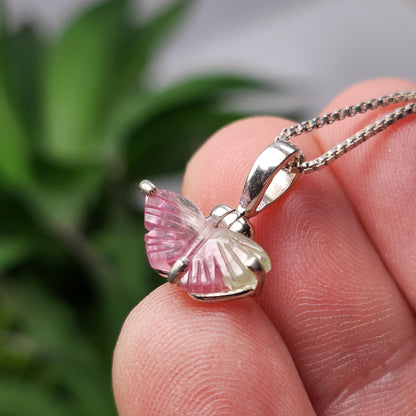 Watermelon Tourmaline Butterfly Pendant, Sterling Silver Tourmaline Crystal Necklace
