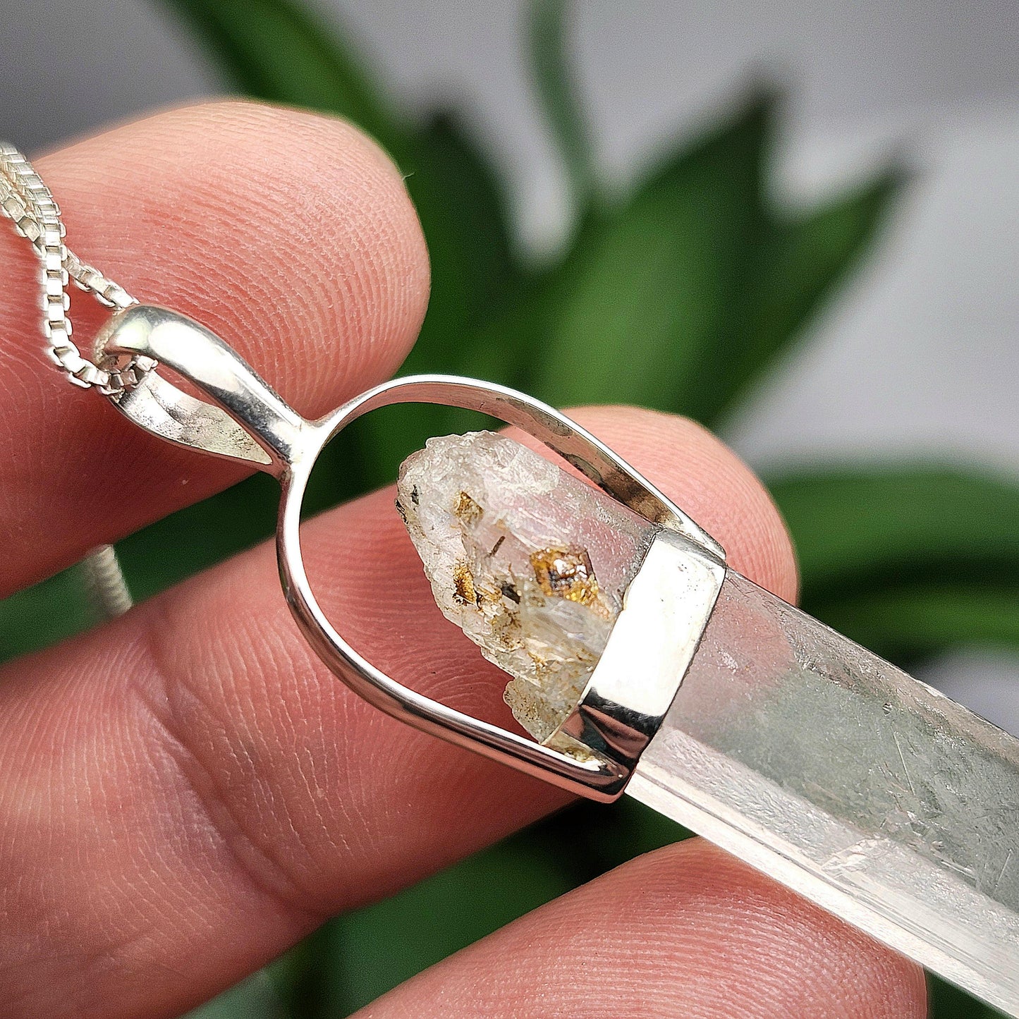 UV Reactive Spodumene with Spessartine Garnet Pendant, Sterling Silver Crystal Necklace