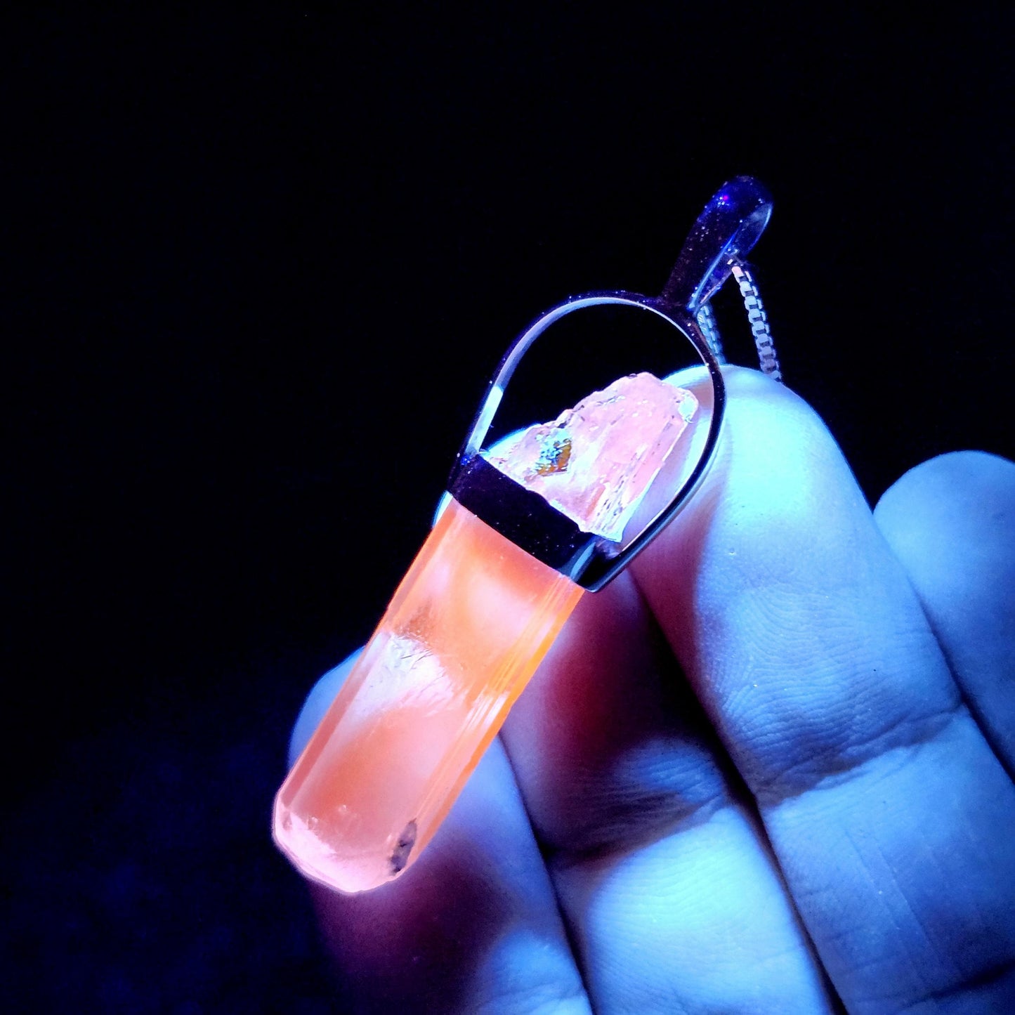 UV Reactive Spodumene with Spessartine Garnet Pendant, Sterling Silver Crystal Necklace