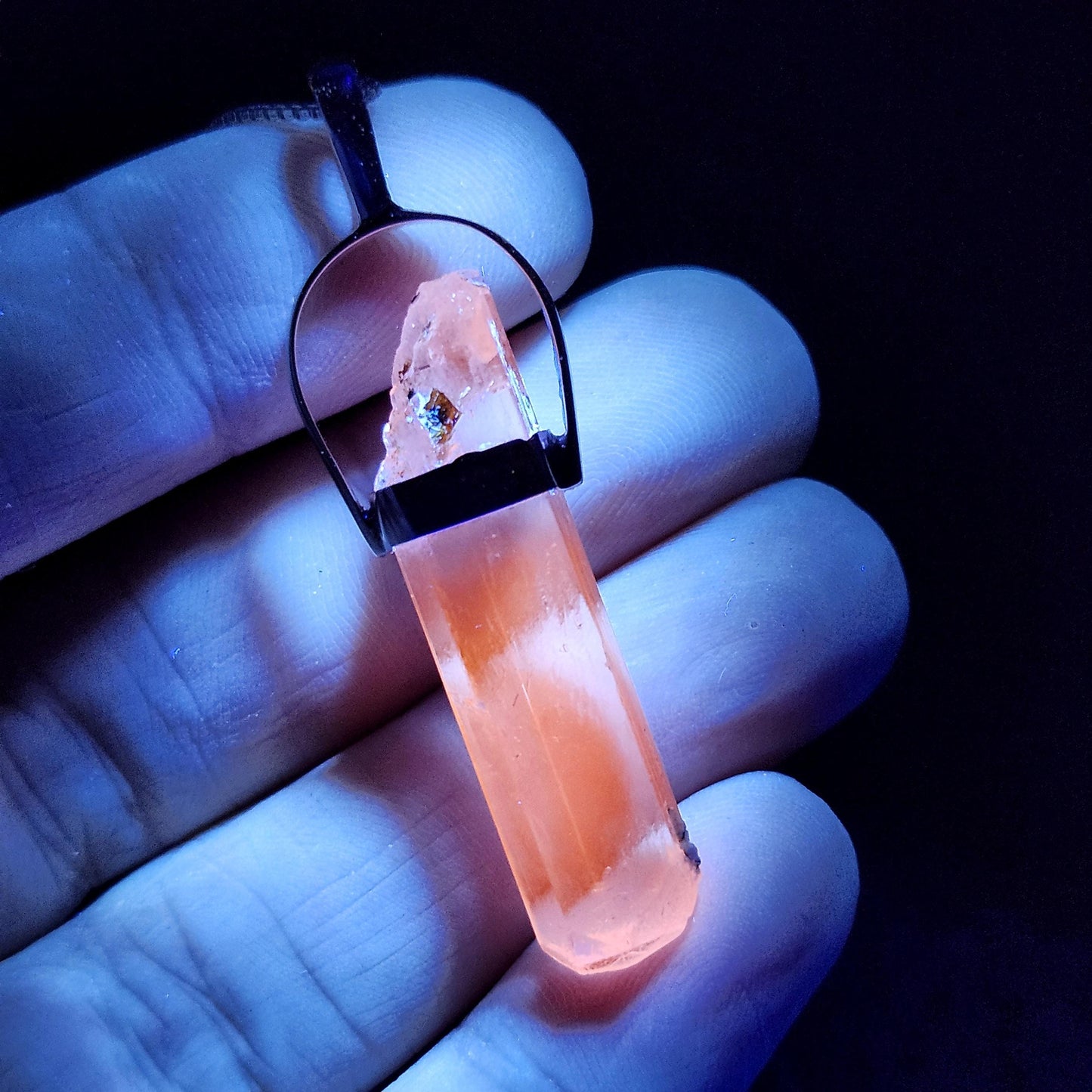 UV Reactive Spodumene with Spessartine Garnet Pendant, Sterling Silver Crystal Necklace