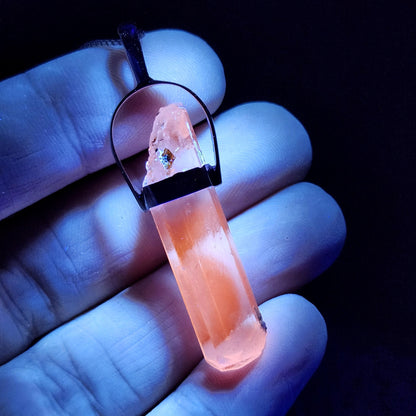 UV Reactive Spodumene with Spessartine Garnet Pendant, Sterling Silver Crystal Necklace
