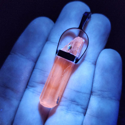 UV Reactive Spodumene with Spessartine Garnet Pendant, Sterling Silver Crystal Necklace