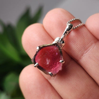 Pink Tourmaline Pendant, Polished Crystal Slice Sterling Silver Necklace