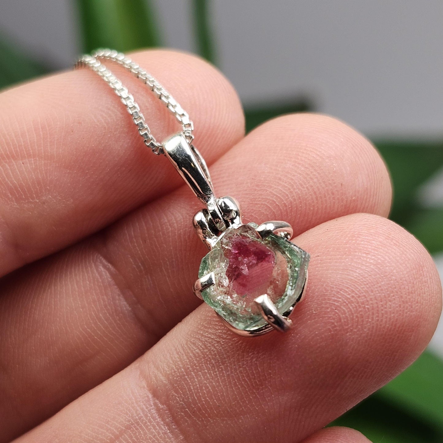 Watermelon Tourmaline Slice Pendant, Sterling Silver Tourmaline Necklace