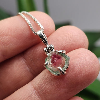 Watermelon Tourmaline Slice Pendant, Sterling Silver Tourmaline Necklace