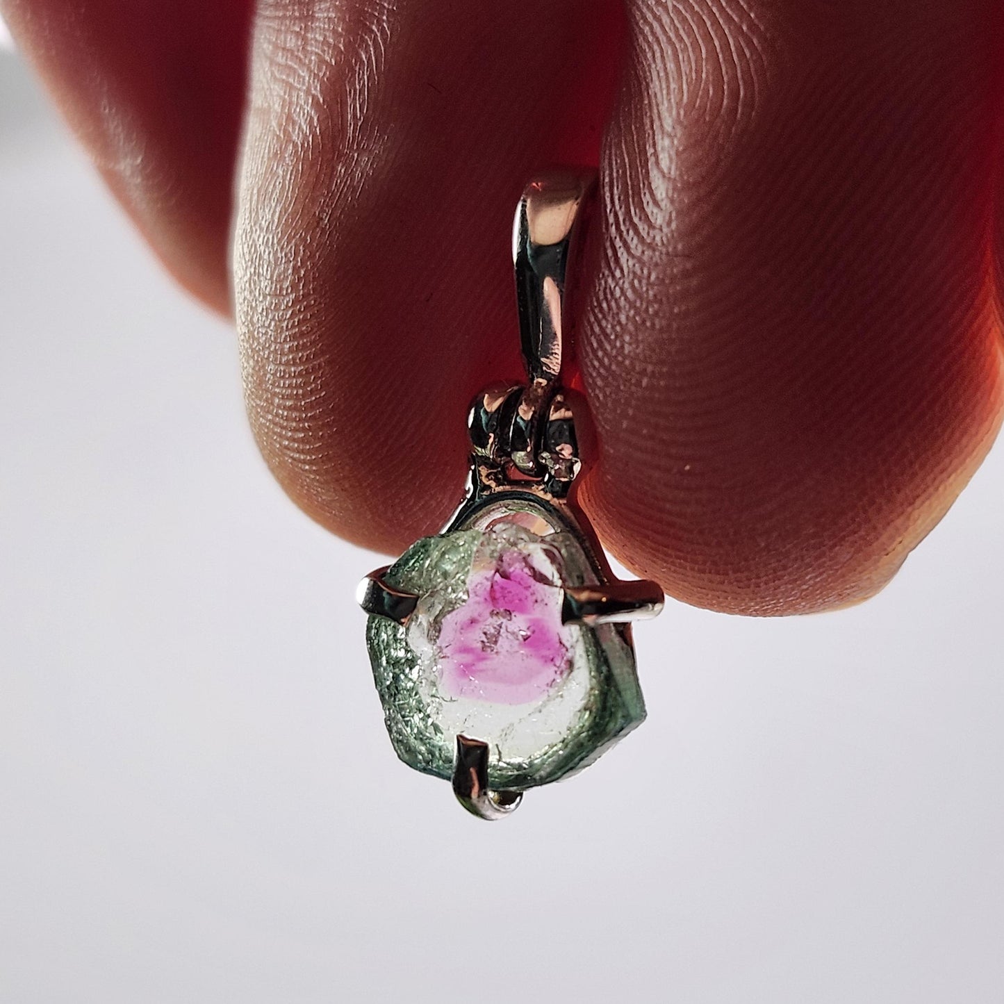 Watermelon Tourmaline Slice Pendant, Sterling Silver Tourmaline Necklace