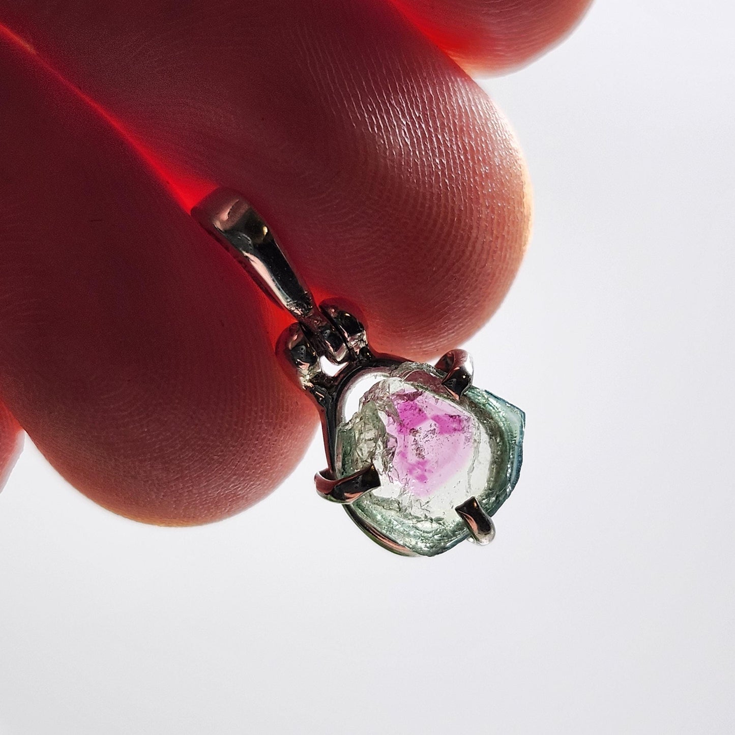 Watermelon Tourmaline Slice Pendant, Sterling Silver Tourmaline Necklace