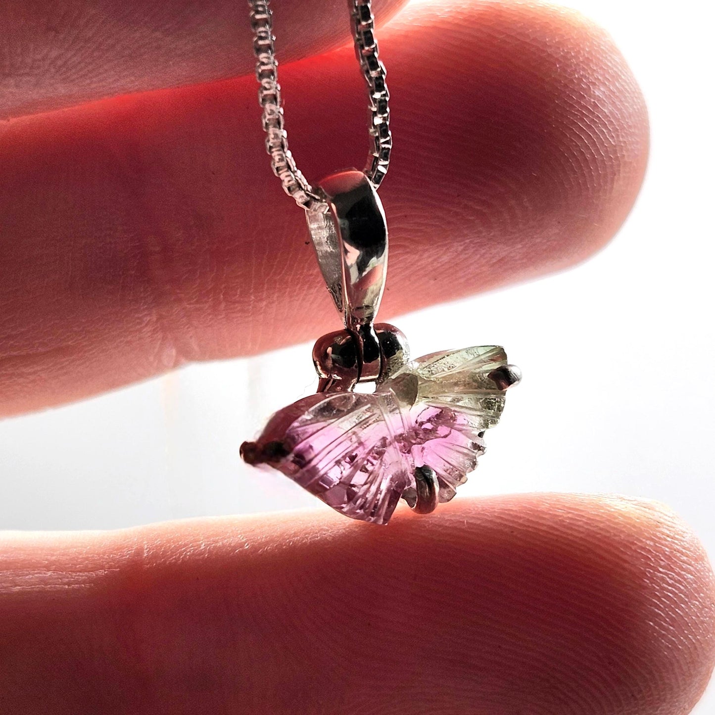 Watermelon Tourmaline Butterfly Pendant, Sterling Silver Tourmaline Crystal Necklace