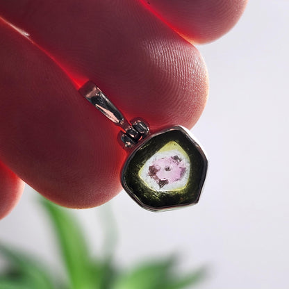 Watermelon Tourmaline Slice Pendant, Sterling Silver Tourmaline Necklace