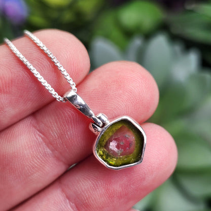 Watermelon Tourmaline Slice Pendant, Sterling Silver Tourmaline Necklace