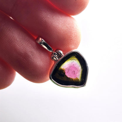 Watermelon Tourmaline Slice Pendant, Sterling Silver Tourmaline Pink & Green Necklace