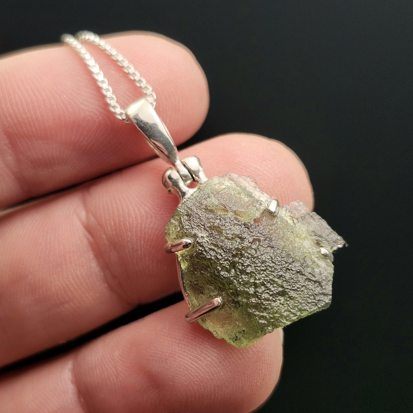 Genuine Moldavite Pendant, Authentic Moldavite Tektite Sterling Silver Jewelry