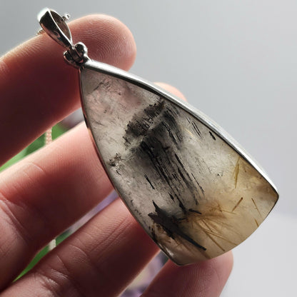 Hematite Rutile Star Quartz Pendant, Rutilated Brazilian Sterling Silver Crystal Necklace