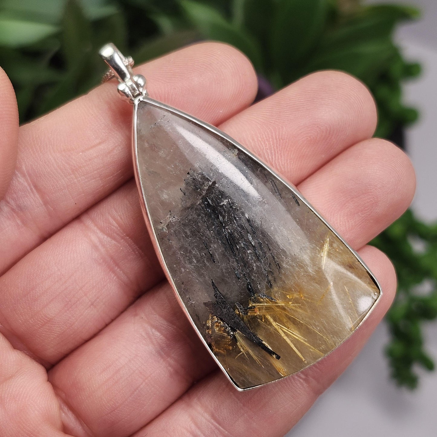 Hematite Rutile Star Quartz Pendant, Rutilated Brazilian Sterling Silver Crystal Necklace