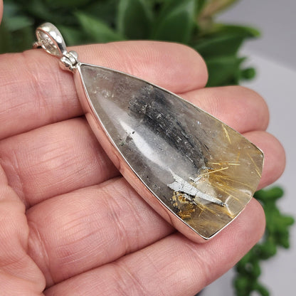 Hematite Rutile Star Quartz Pendant, Rutilated Brazilian Sterling Silver Crystal Necklace