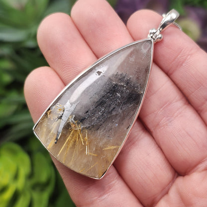 Hematite Rutile Star Quartz Pendant, Rutilated Brazilian Sterling Silver Crystal Necklace