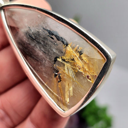Hematite Rutile Star Quartz Pendant, Rutilated Brazilian Sterling Silver Crystal Necklace