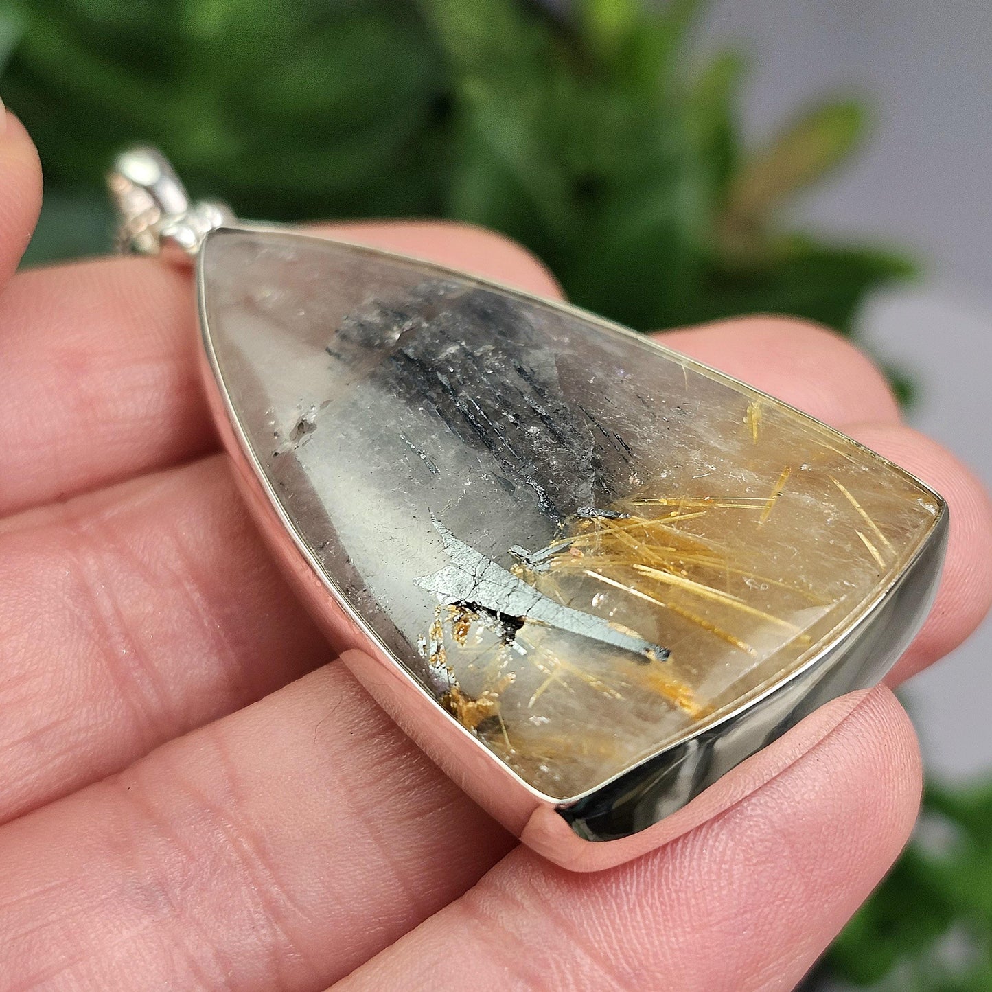 Hematite Rutile Star Quartz Pendant, Rutilated Brazilian Sterling Silver Crystal Necklace