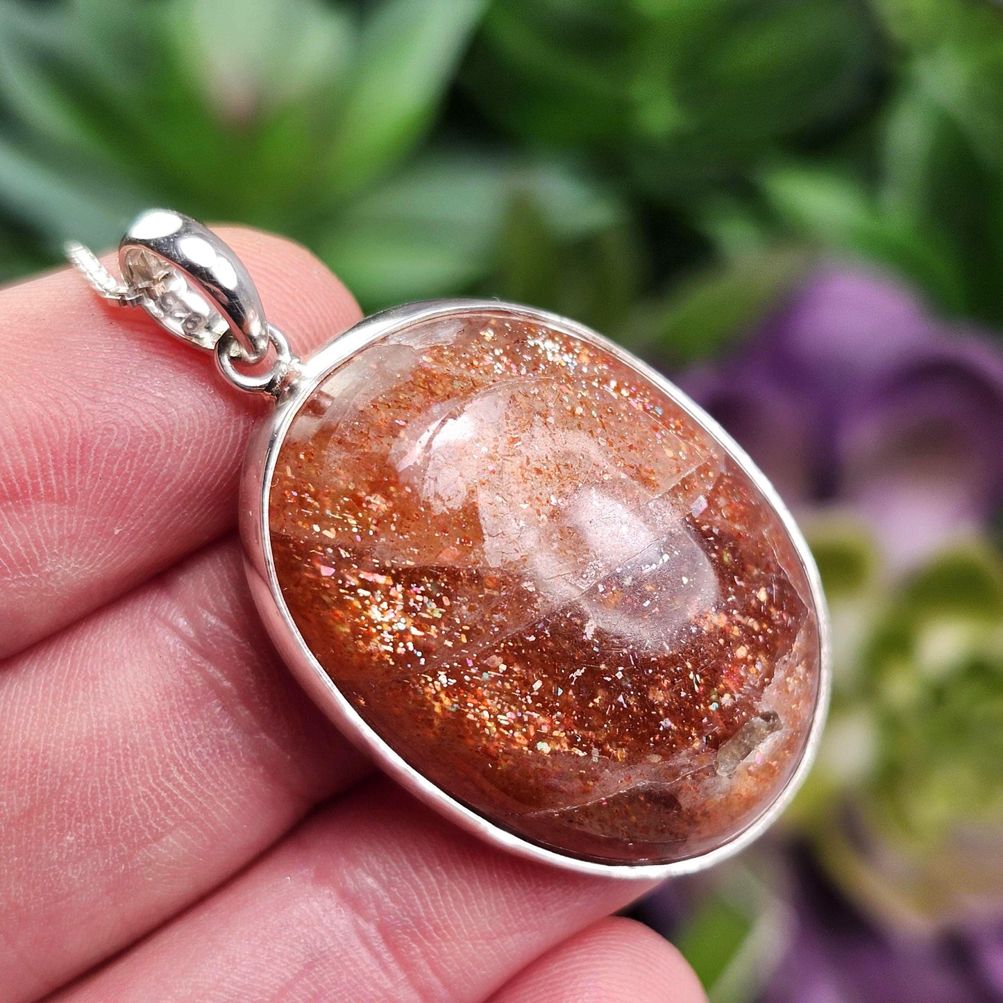 Rainbow Sunstone Pendant, Polished Sunstone Sterling Silver Necklace