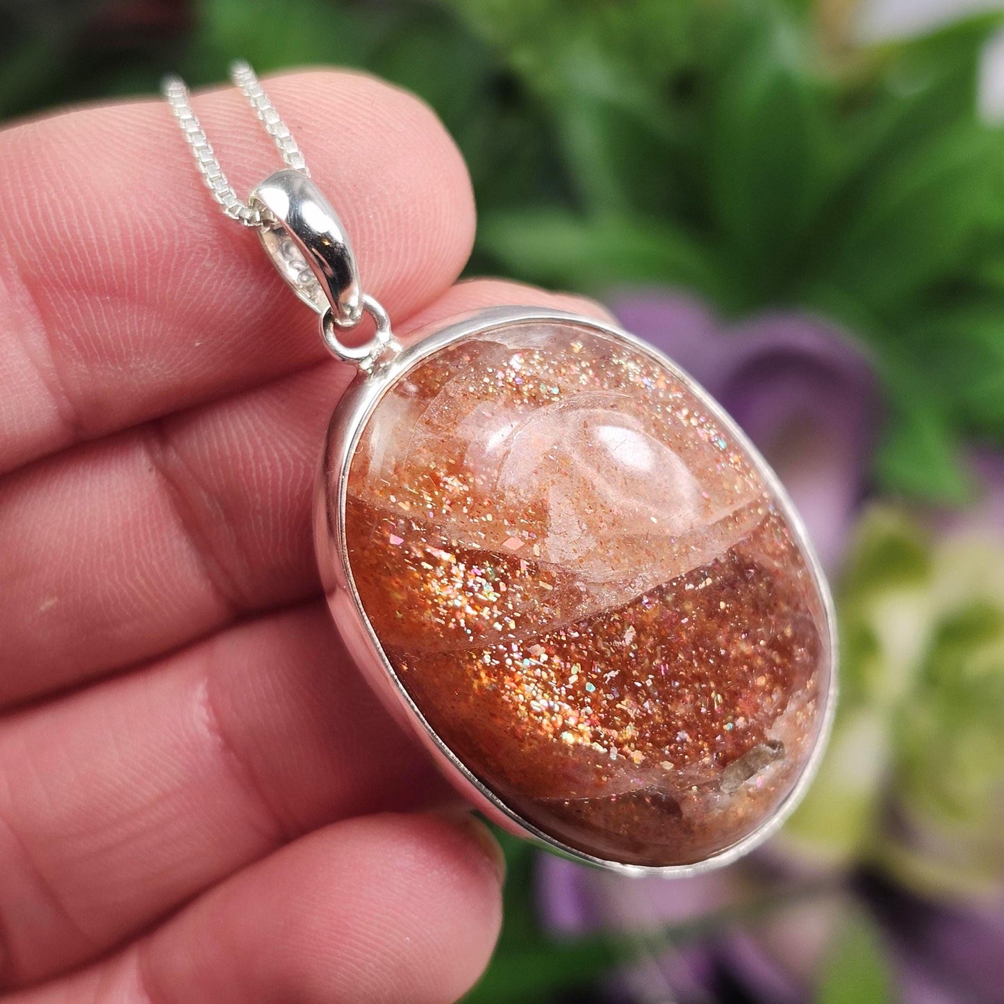Rainbow Sunstone Pendant, Polished Sunstone Sterling Silver Necklace