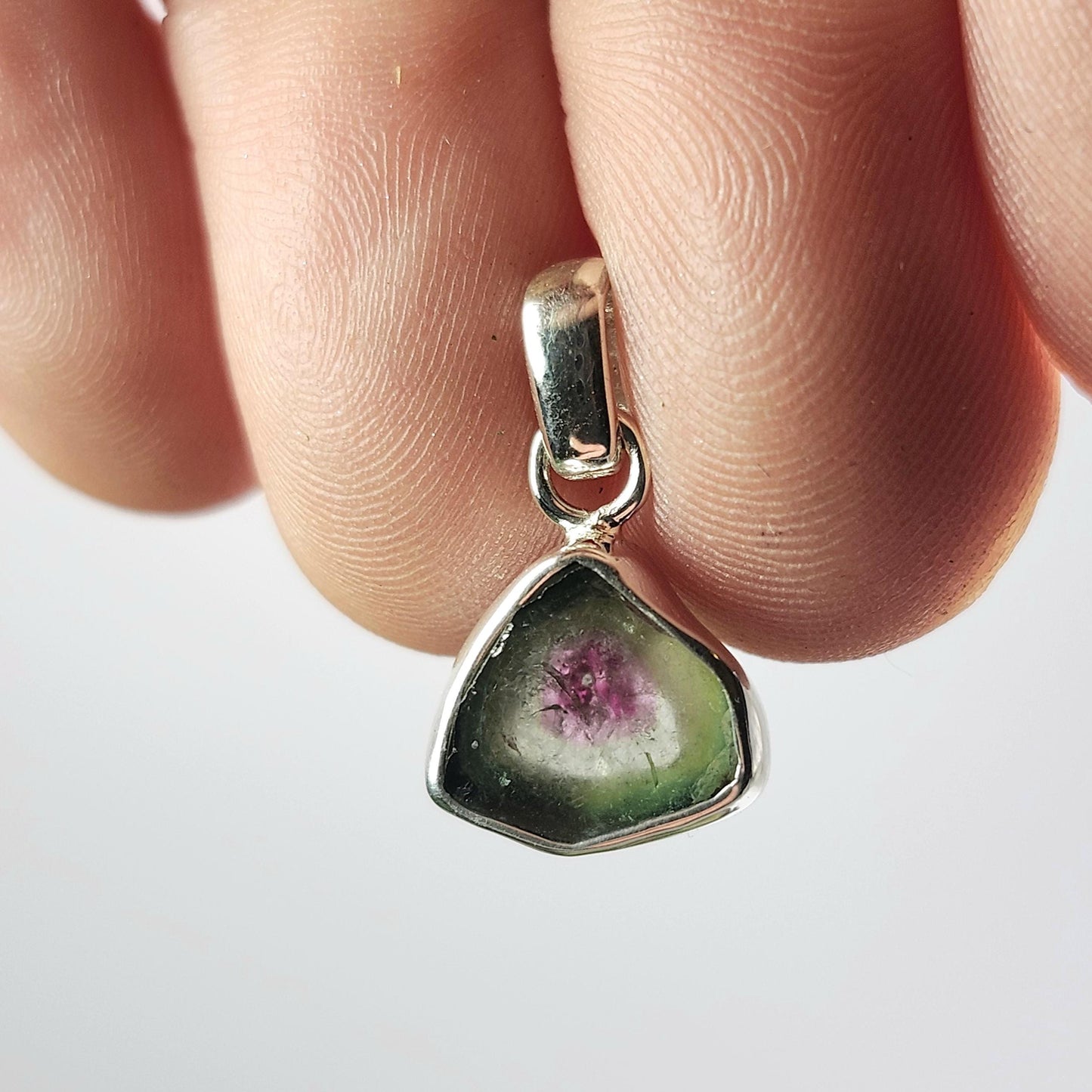 Watermelon Tourmaline Slice Pendant, Sterling Silver Tourmaline Necklace