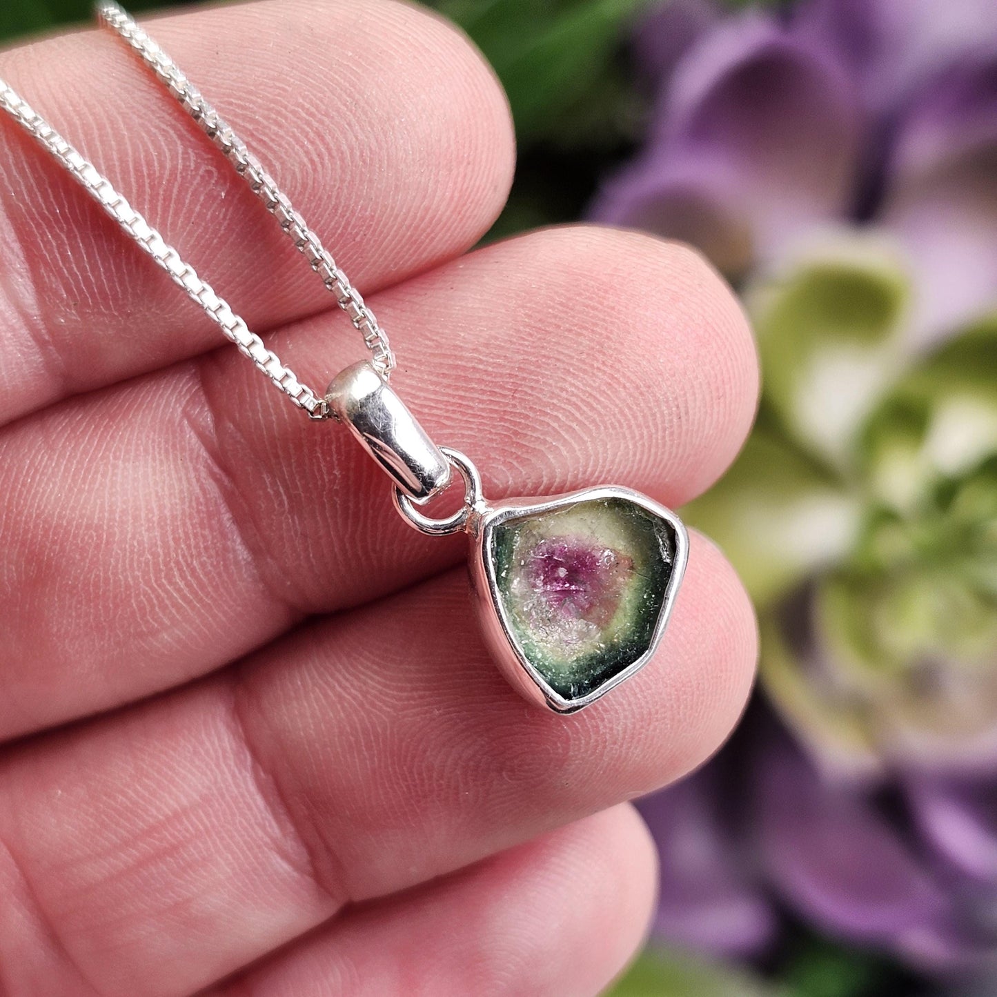 Watermelon Tourmaline Slice Pendant, Sterling Silver Tourmaline Necklace